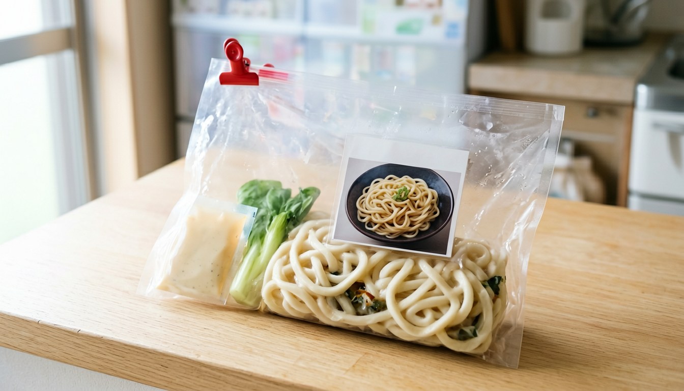 一鍋熱騰騰嘅薯菜忌廉鍋烏冬，粗麵條浸喺奶黃色汁液入面，上面有薯菜，日式陶鍋擺喺木枱上