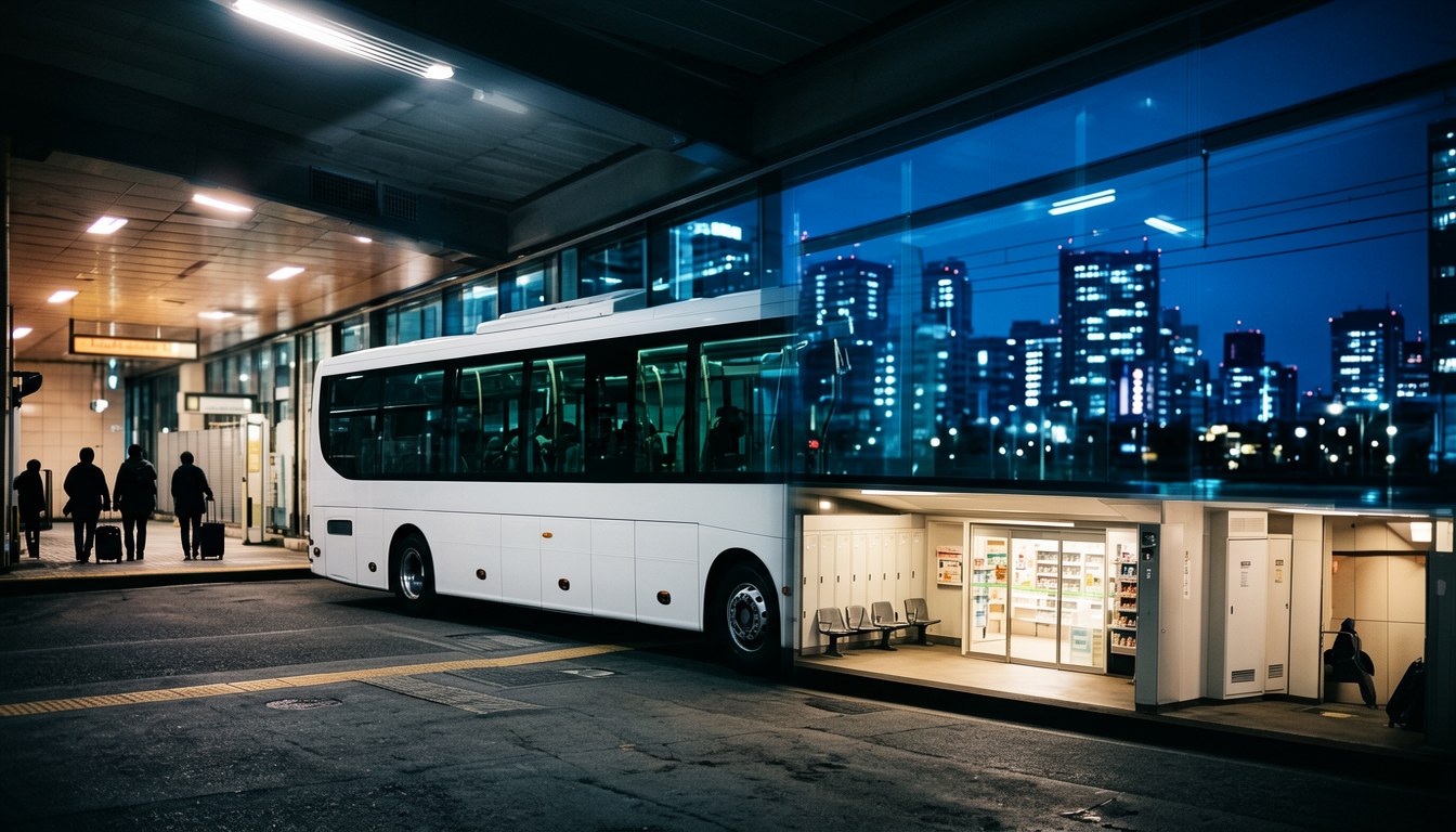 東京八重洲地下巴士站夜間上車處,高速巴士泊站待客