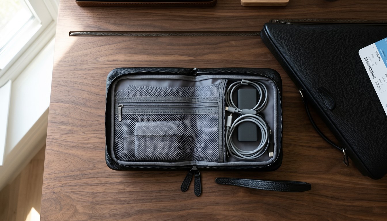 Anker Style Pouch 難燃電子器材袋，黑色柔軟皮革外殼，拉鏈大開，內層可見玻璃纖維織物同網眼小袋，背景為簡潔桌面