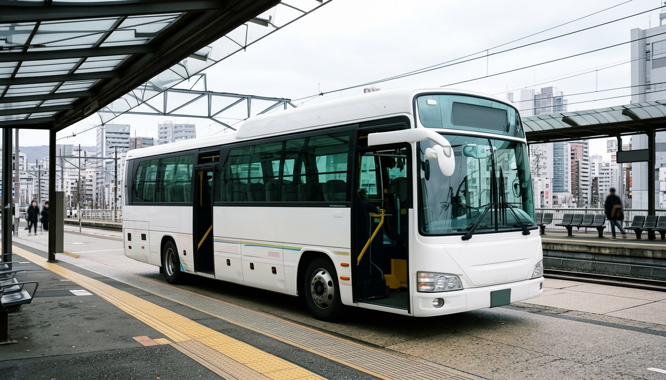 福岡~下關高速巴路線「ふくふく号」巴士停泊喺天神高速巴站,乘客準備登車。