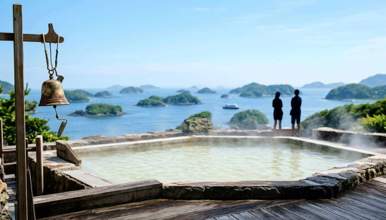 濰戶內海島嶼景色,前景有露天溫泉。