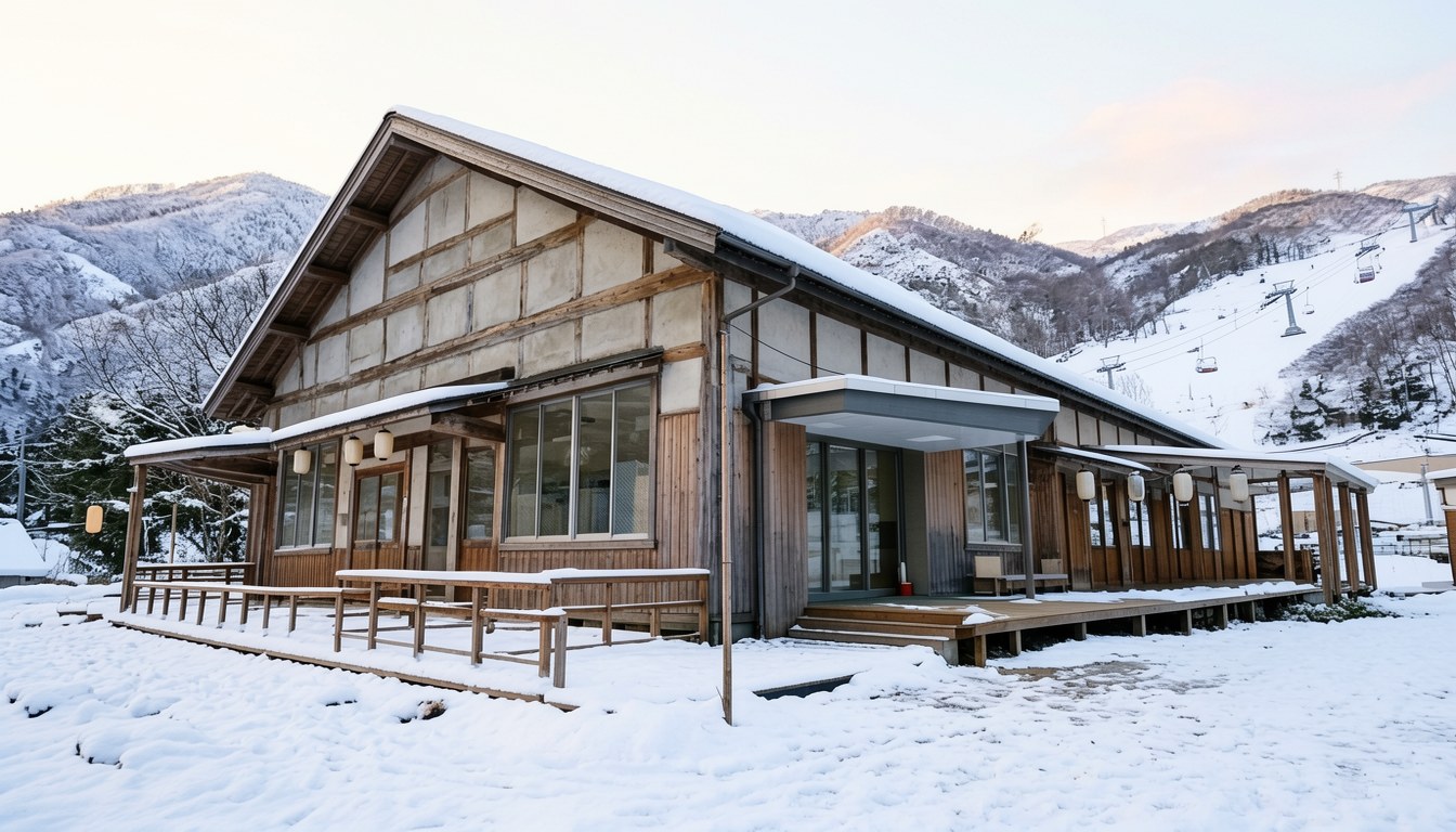 米澤市舊三澤東部小學改建嘅宿泊體驗設施外觀,冬季雪景。