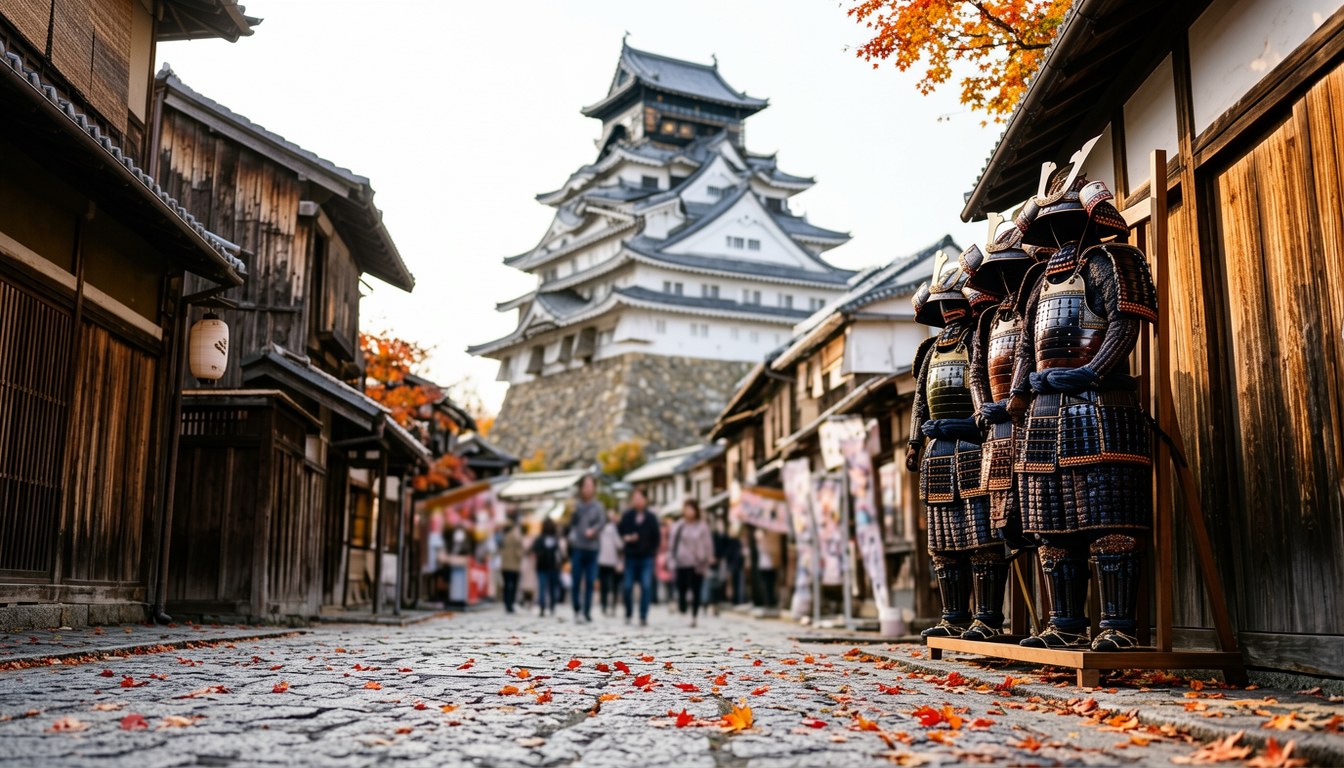 會津若松鶴ヶ城前方嘅武士甲冑展示,背景係秋日城下町建築