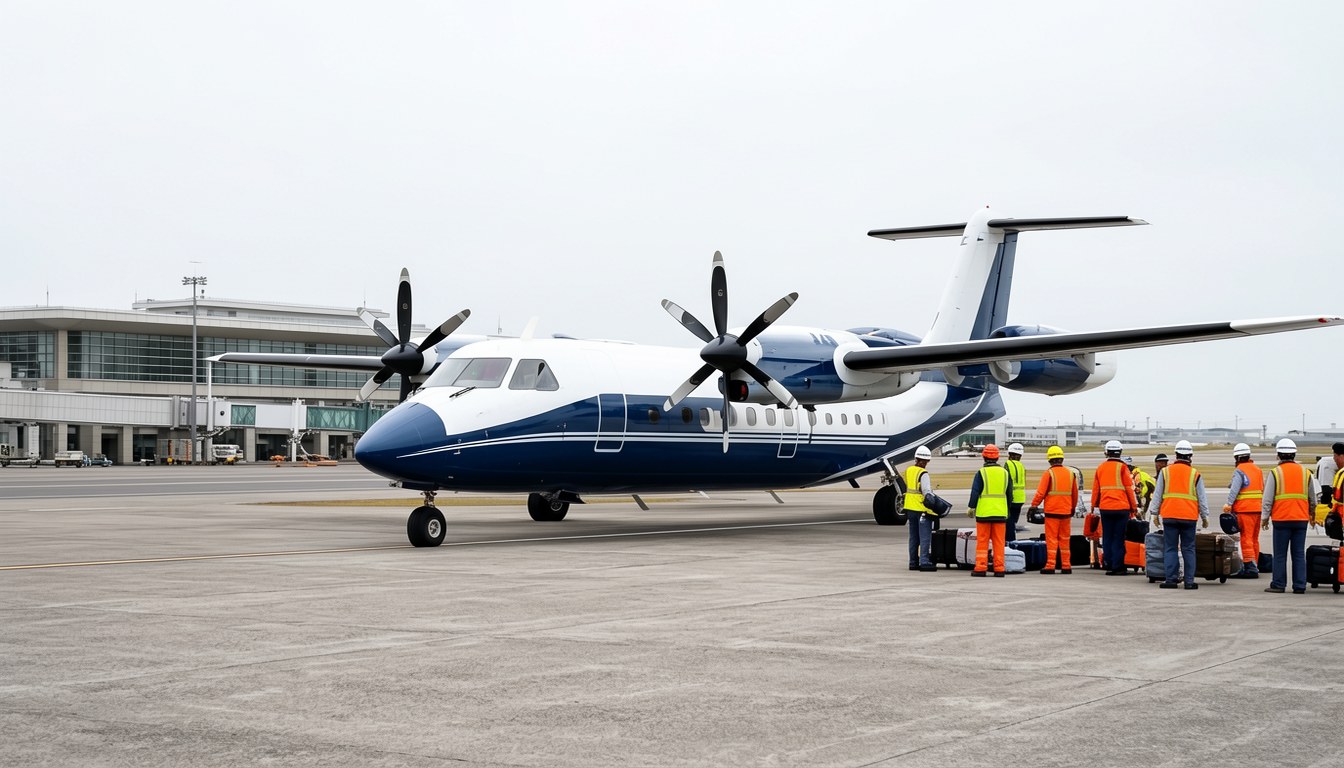 空港で駐機している小型旅客機