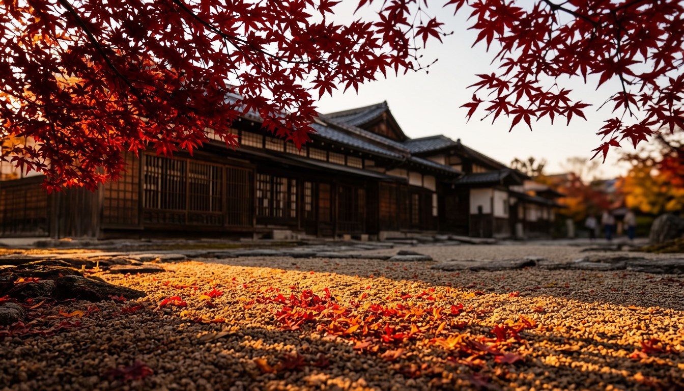 京都町家酒店嘅Lounge，秋天紅色葉片灑喺地面，寧靜紅葉氛圍。