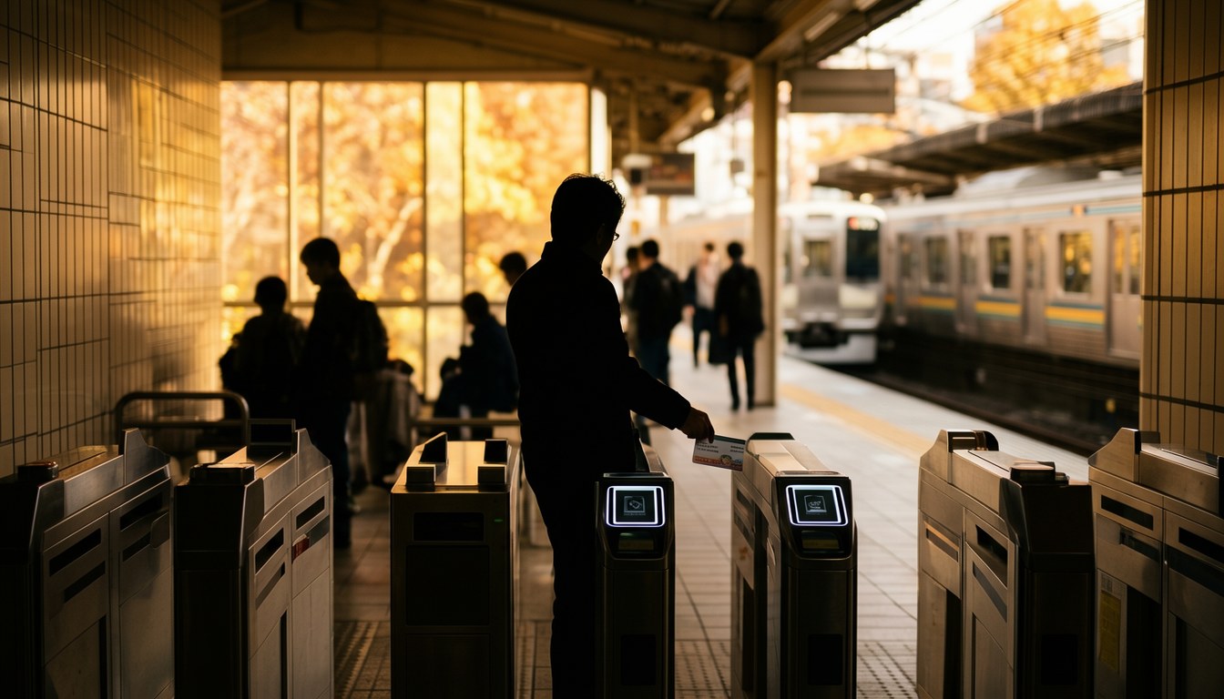 東京車站內的自動閘口與 PASMO 自動加值機,背景有鐵路點數優惠海報。