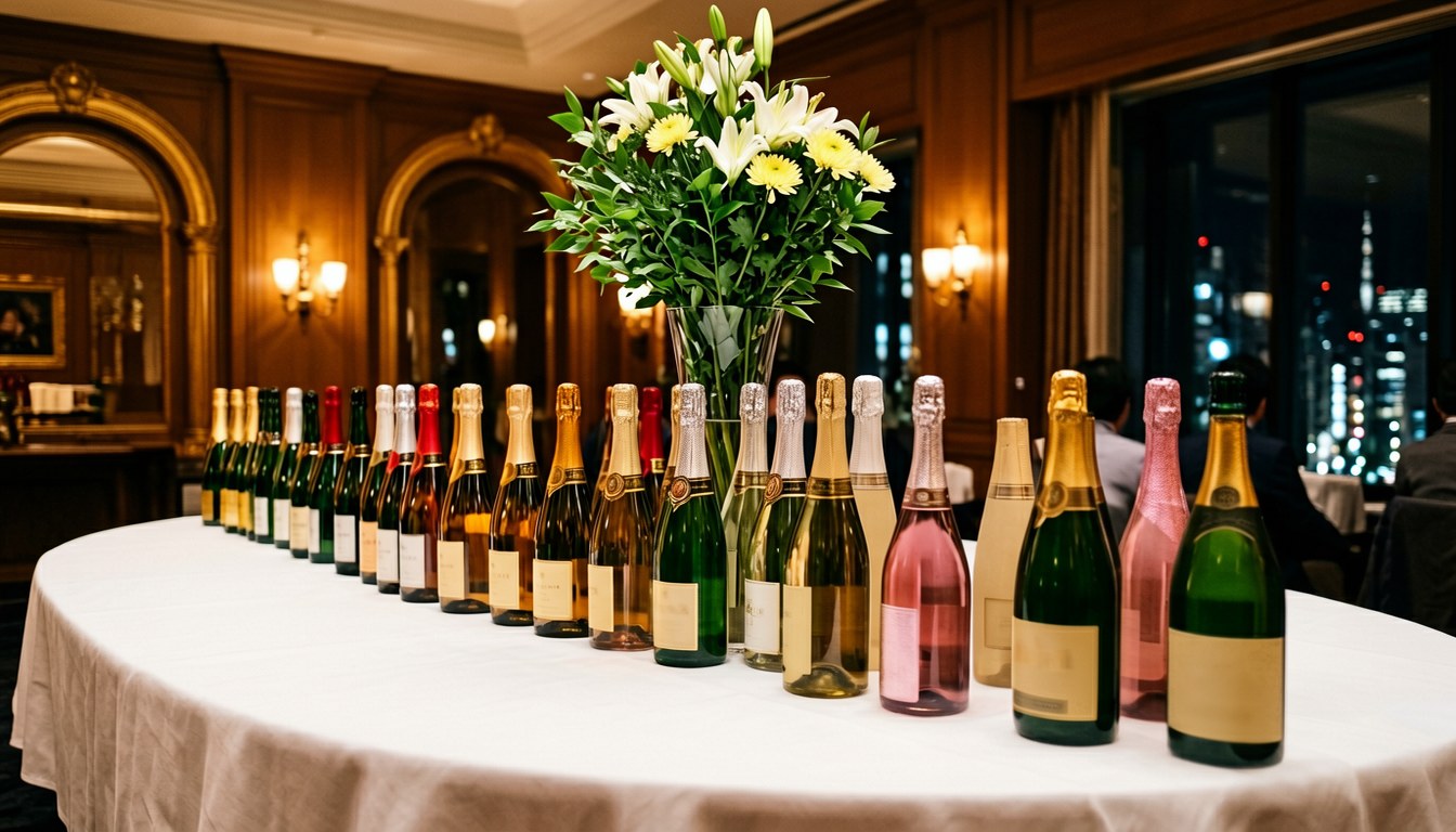 東京麗思卡爾頓酒店嘅 CAVA 品鑑會現場,長桌上擺放多款西班牙氣泡酒瓶