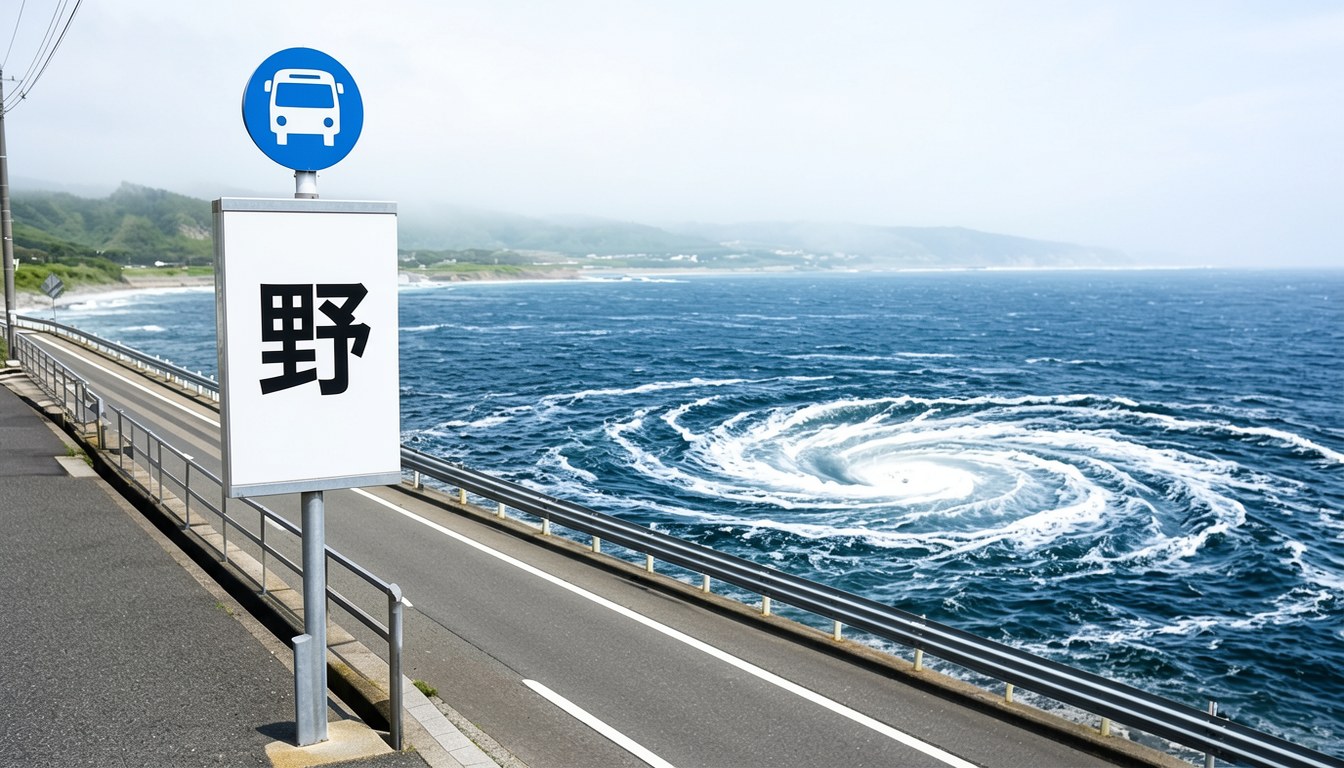 鳴門海峽公路邊嘅巴士站，站名牌淨寫一個「の」字