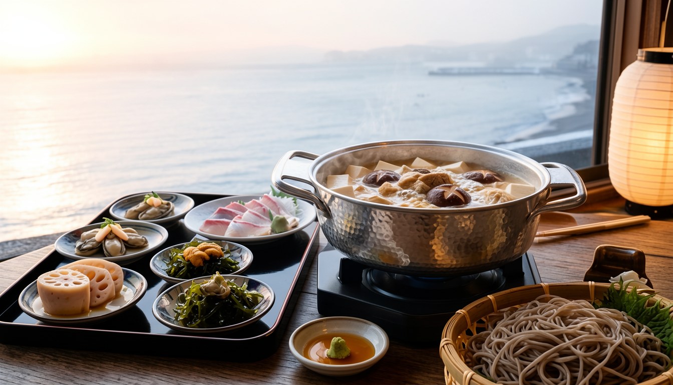 冬季會席料理擺喺臨海嘅枱面,中間係鱉小鍋,旁邊有蕎麥同甜品,窗外係瀬户內海。