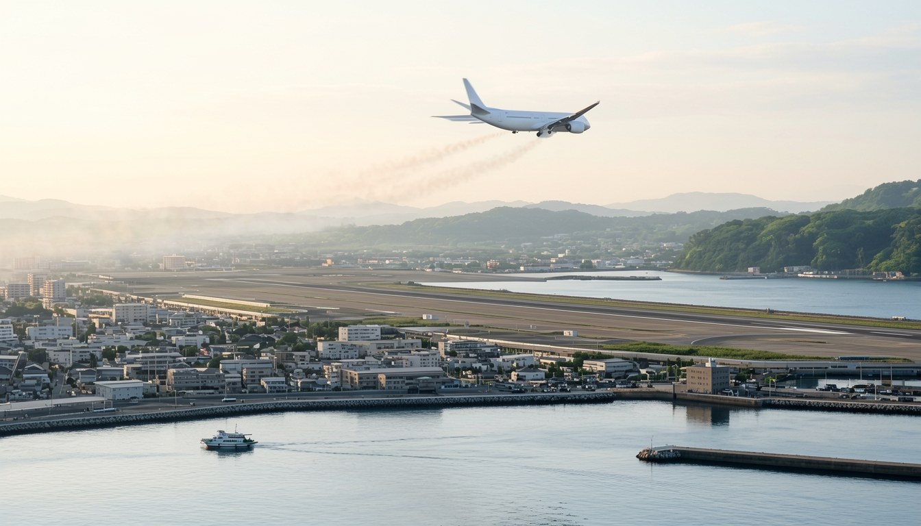 辦公桌電腦螢幕顯示「九州復興応援割」宣傳橫幅，旁邊有日曆同機票小冊子
