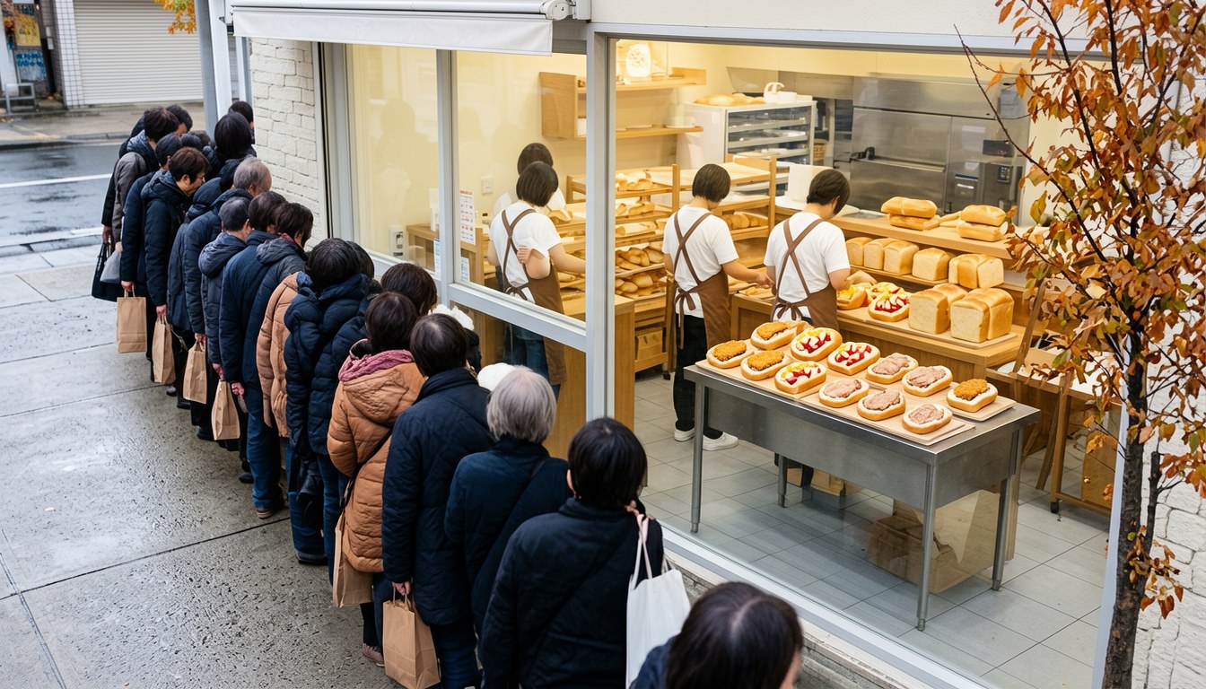 一盤日本東北地方常見嘅口袋麪包(コッペパン),每塊已夾好不同餡料,擺喺木枱上。