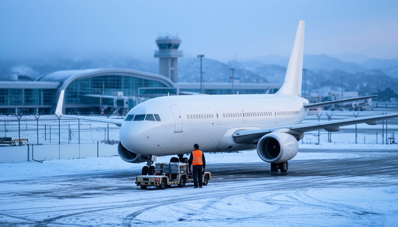 一架波音737-800客機停喺冬季日本北部機場，地面有積雪，灰天，背景為航站樓。