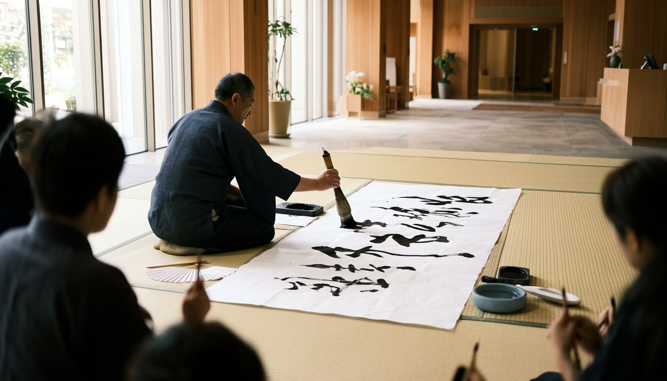 酒店大堂嘅書道現場體驗，毛筆、墨同色紙擺喺枱上，背景柔和光線