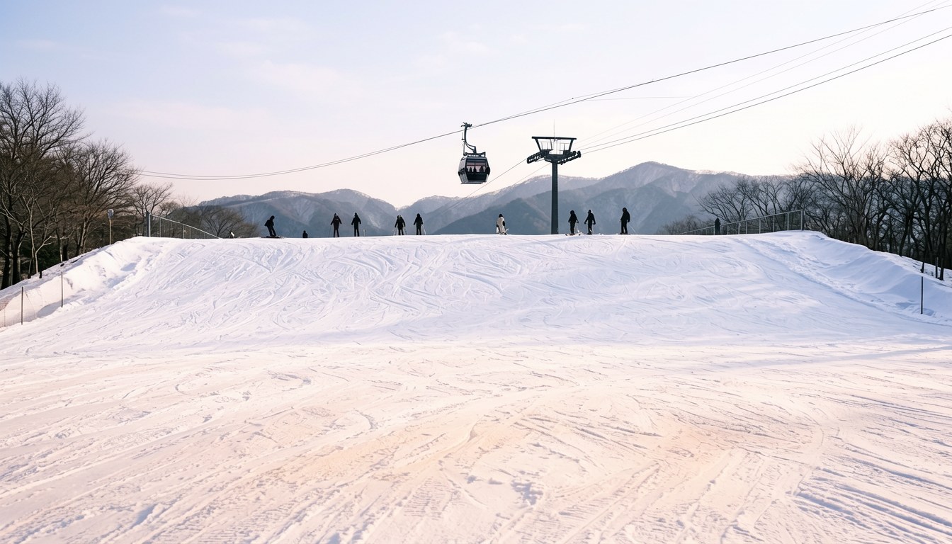 日本春季滑雪場，3月雪山景色，有滑雪者活動