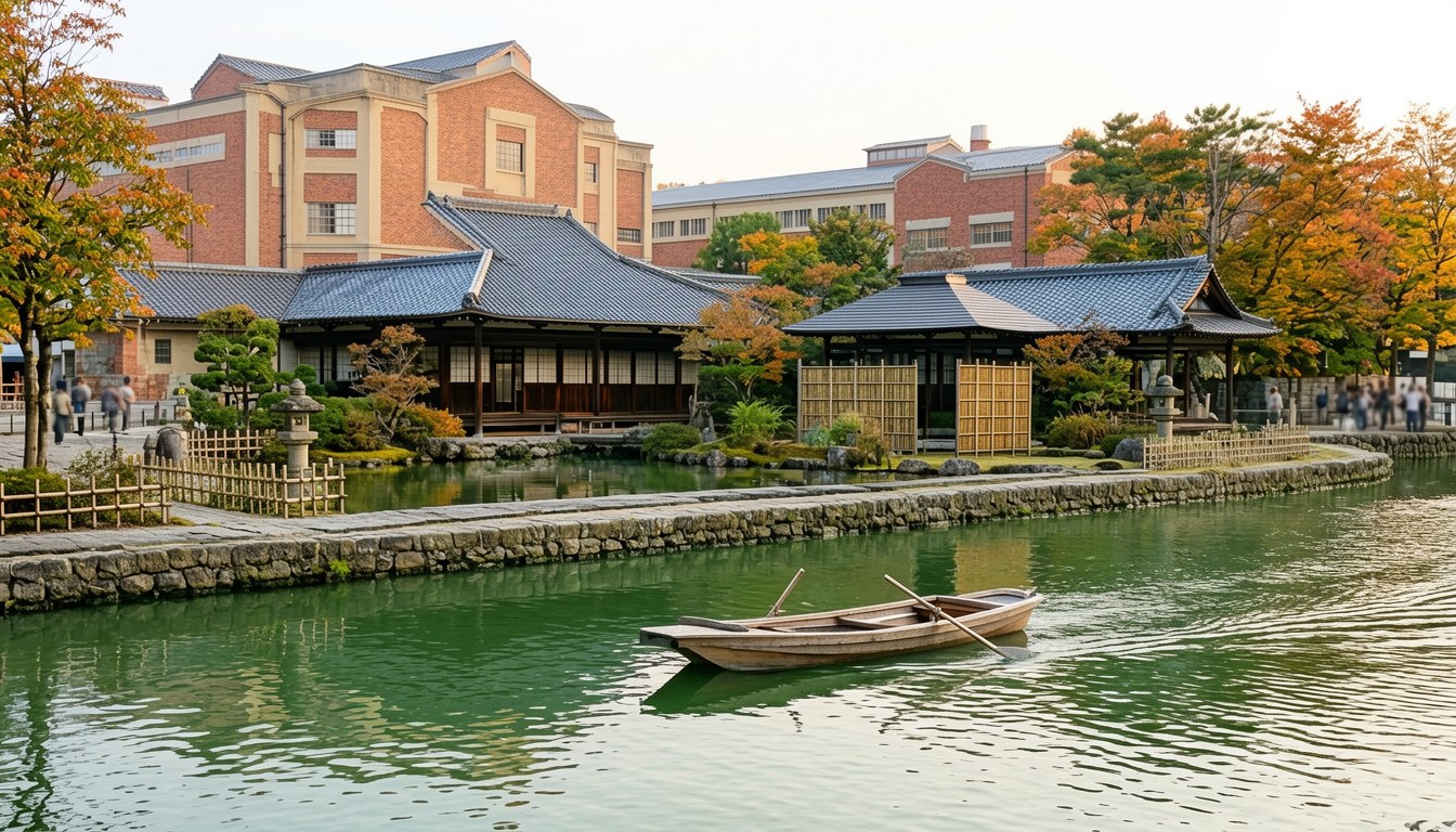 倉敷川旁嘅和風庭園，紅葉同古老嘅木造川舟，秋日柔和光線