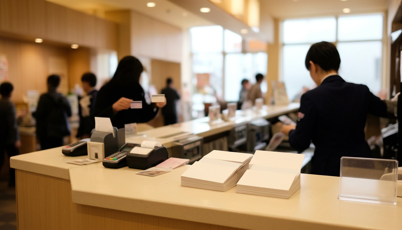 酒店前台結帳,禮賓台前擺放多張日本禮物卡,卡面無文字