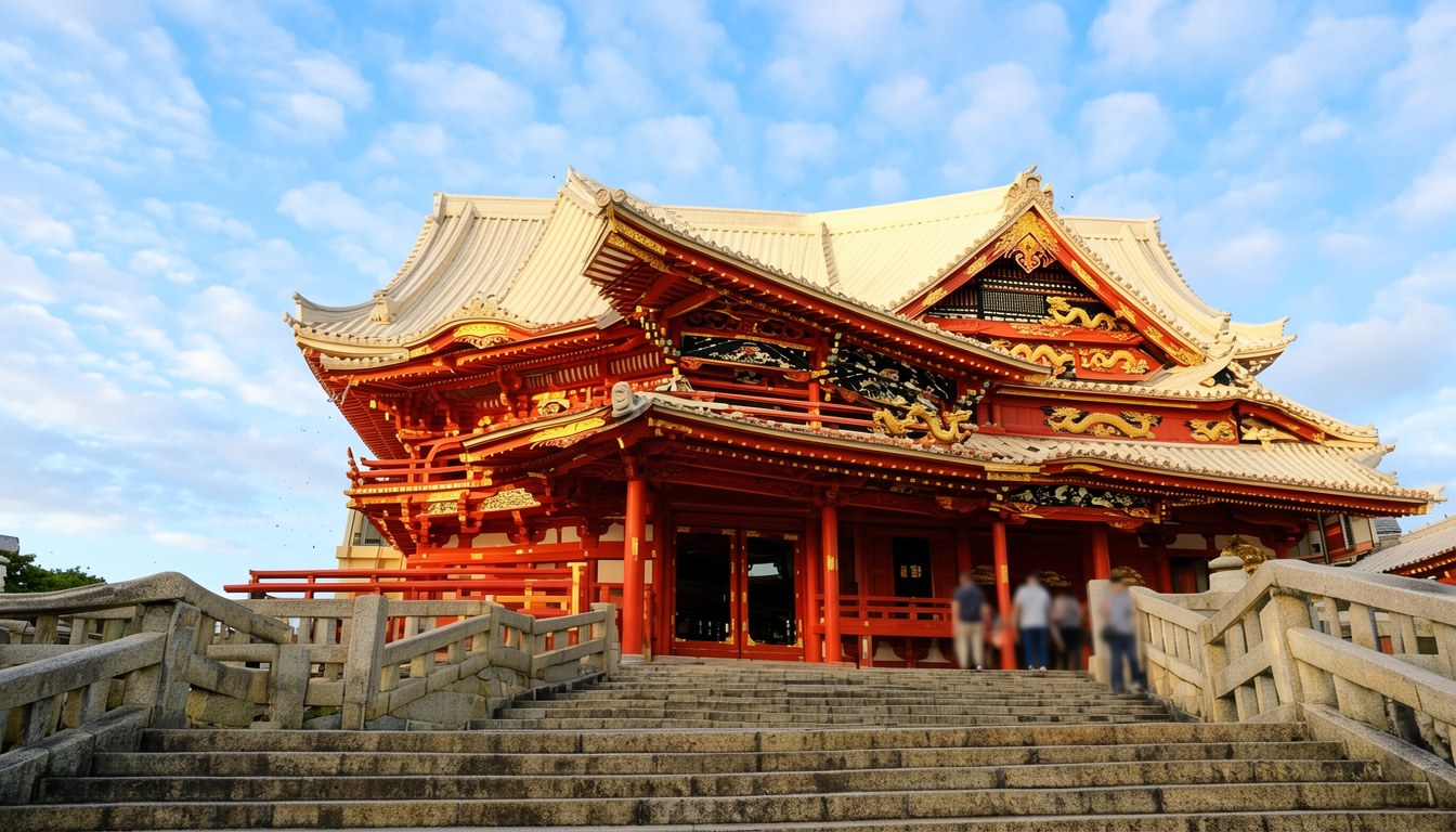朱紅色琉球式首里城建築,屋頂有金色鯉魚瓦飾,前景有遊客入內參觀