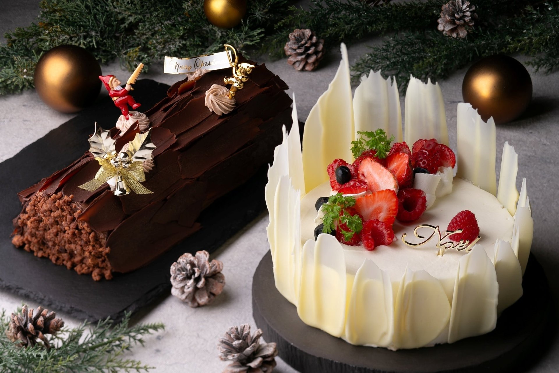 廣島東方酒店特製聖誕蛋糕:左為聖誕log cake(ブッシュ・ド・ノエル),右為草莓蛋糕(ガトー・フレーズ)