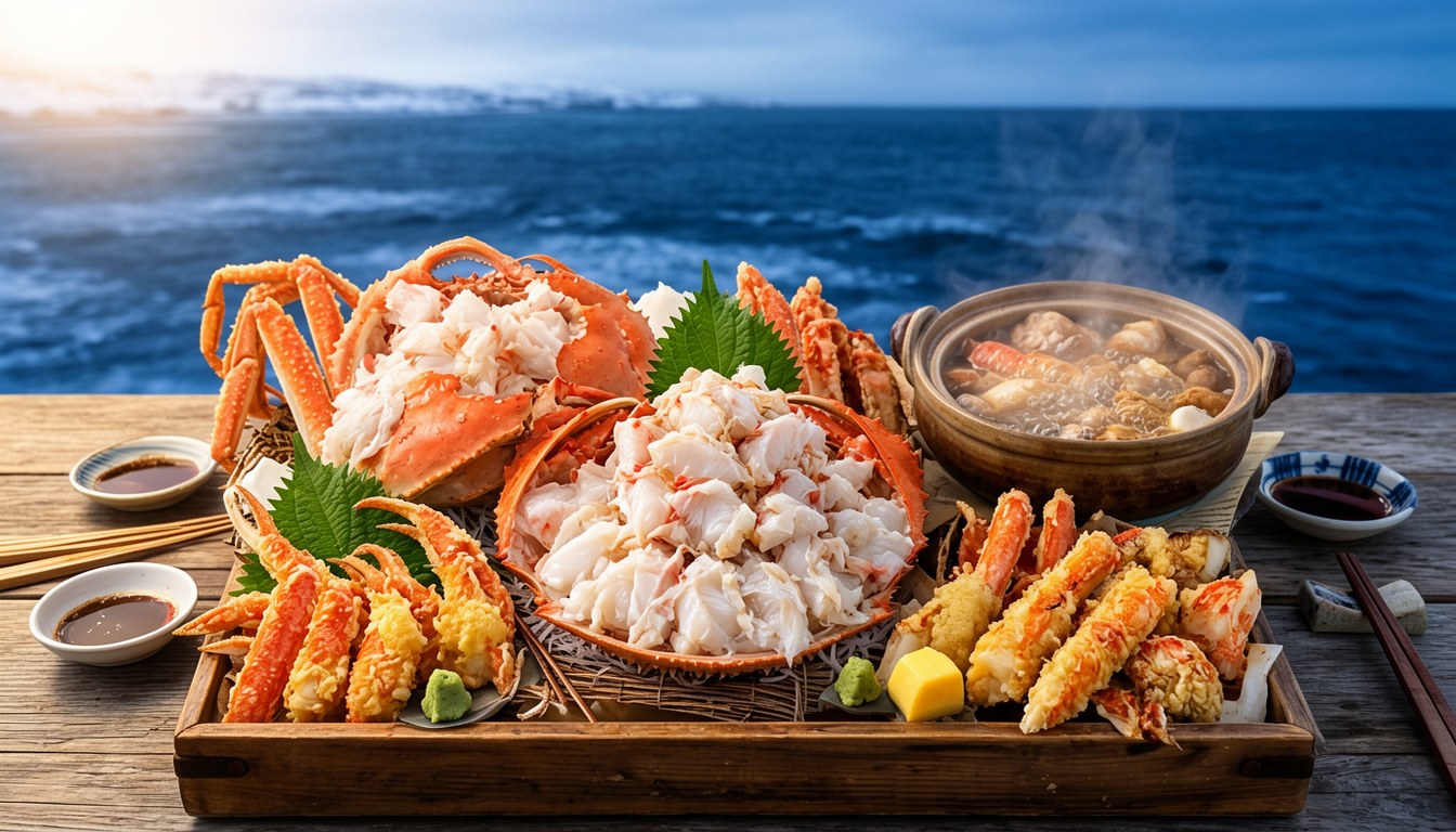 旅亭 櫂嘅蟹會席擺碟，多碟蟹料理排喺木桌上，背景係日本海景色