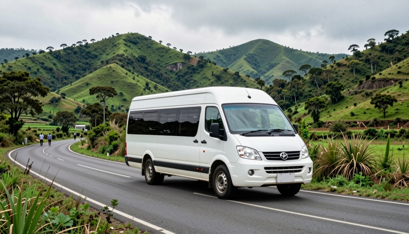 能登半島山路上行駛嘅白色大型出租車