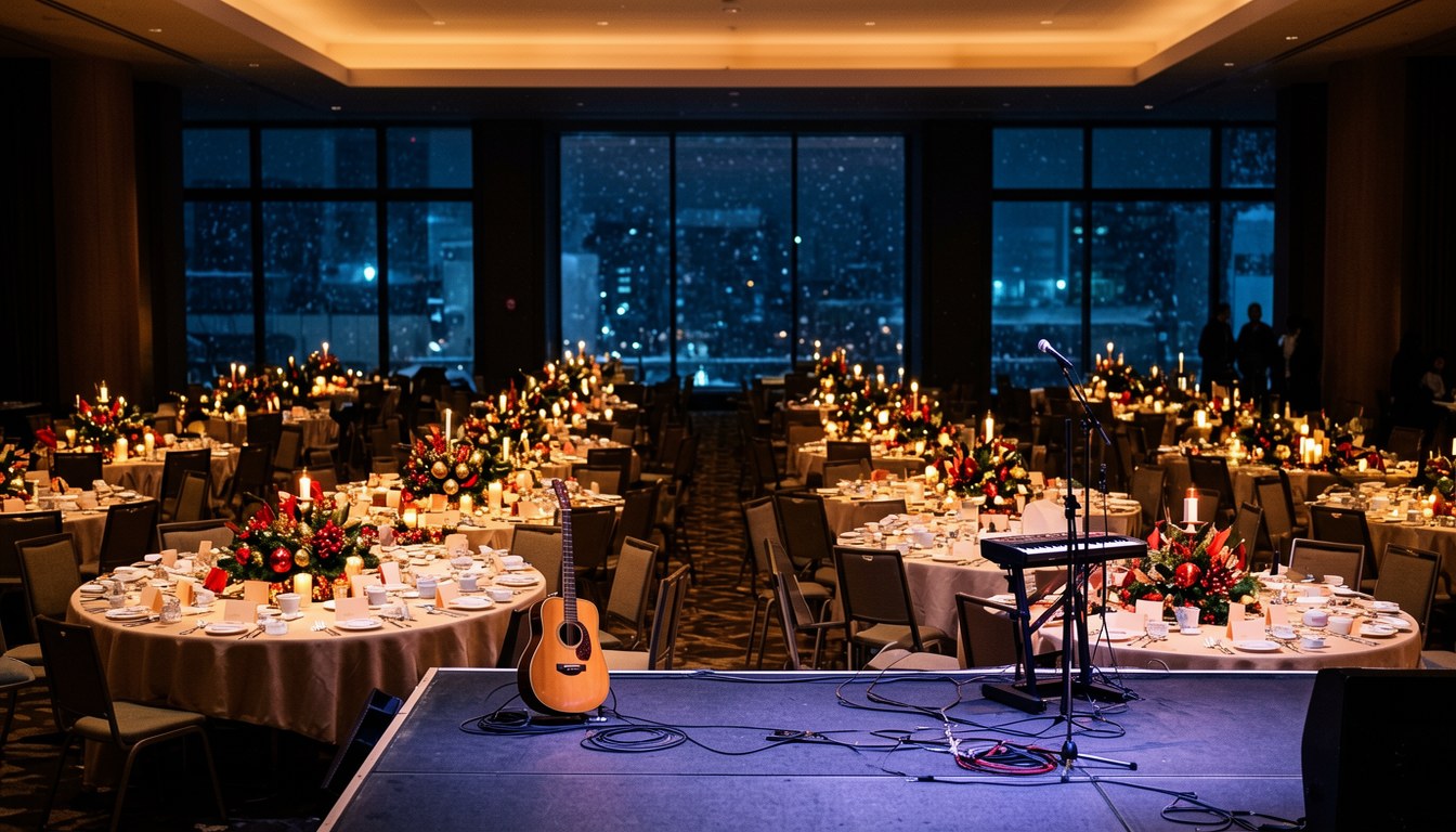 酒店宴會廳內嘅聖誕限定Dinner Show,台上樂手表演,台下賓客享用晚餐,場景莊重而溫馨
