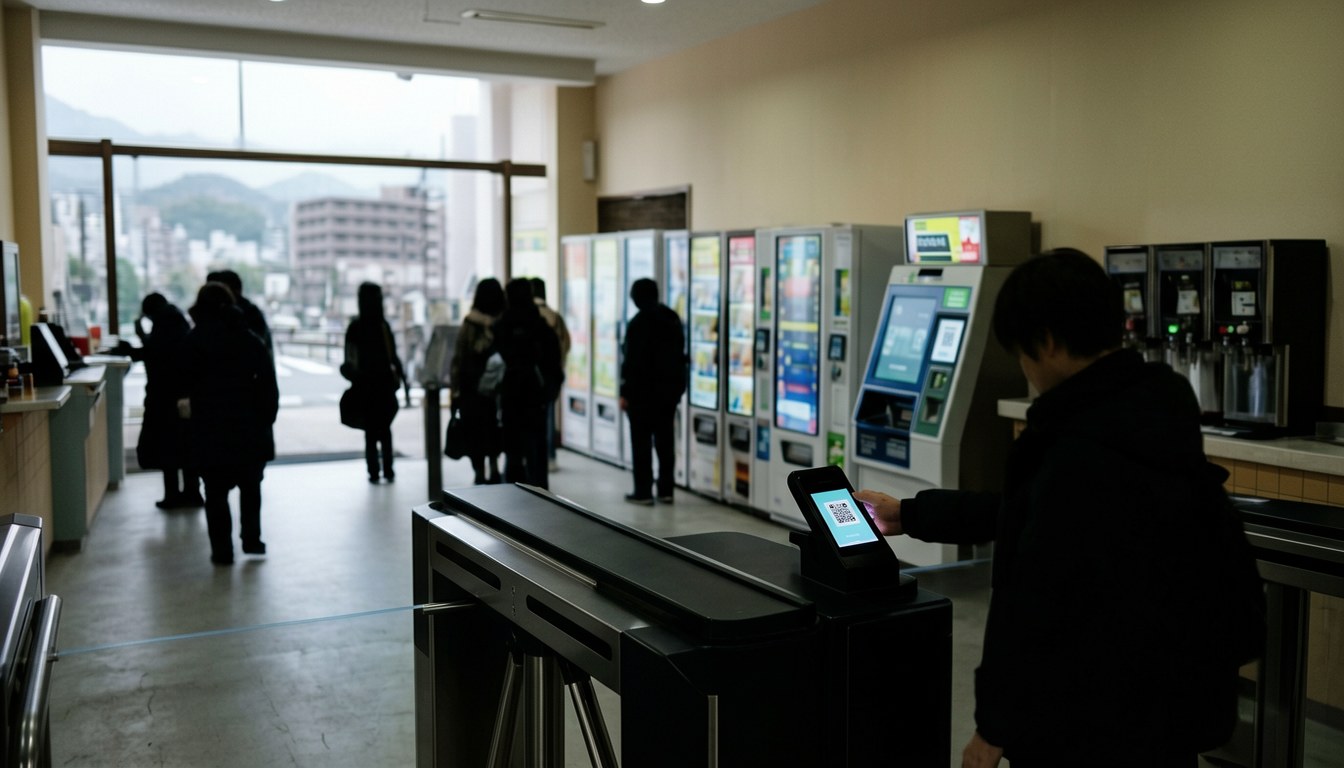 日本影院入場口，觀眾對住讀取器掃描手機二維碼入場