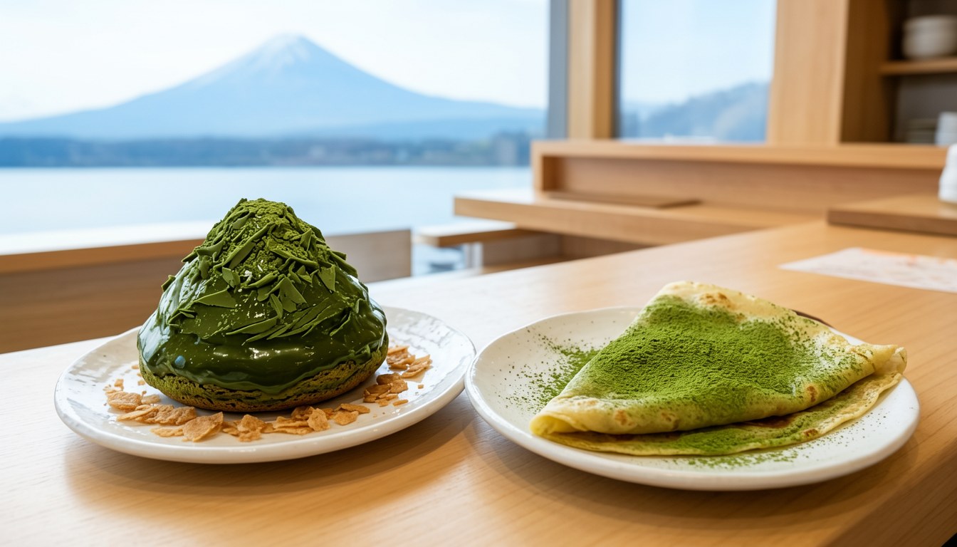 一個綠色抹茶モンブラン,頂上覆有栗子醬、抹茶奶油同刨薄嘅抹茶朱古力片,擺喺木檯嘅瓷碟上