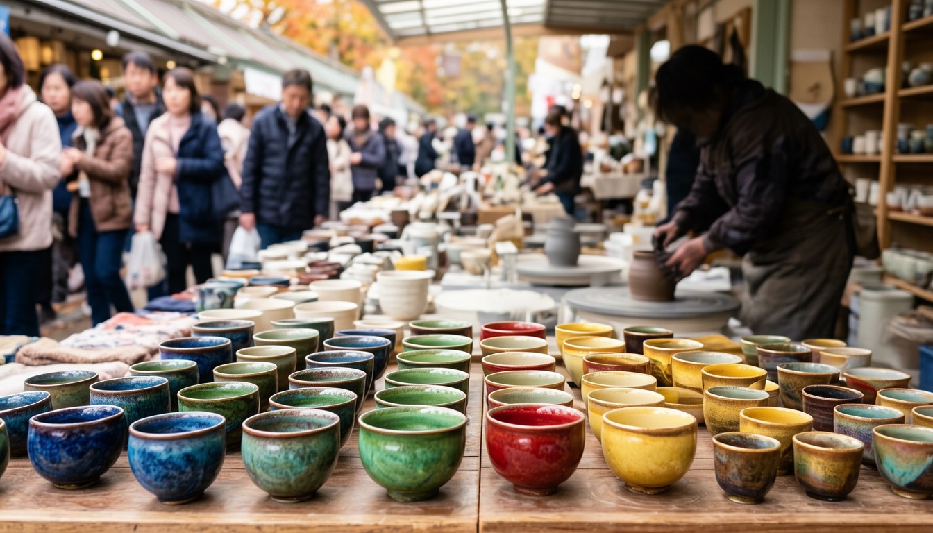 九谷陶芸村嘅秋日茶碗祭，攤位上擺滿五光十色嘅九谷燒茶碗同器皿，有遊客喺實地欣賞同揀選。