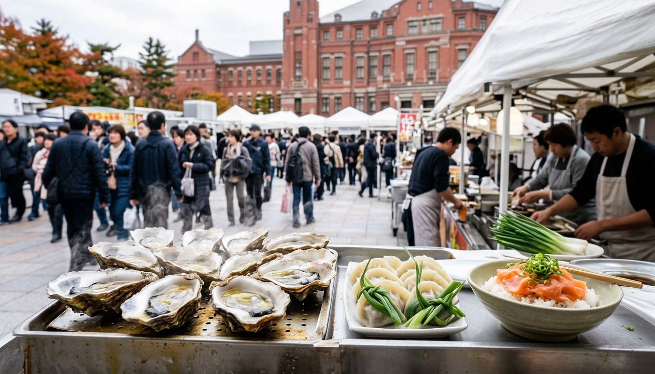 札幌北3條廣場（Aka-Pura）戶外食之祭場面，蒸牡蠣實演、韭菜餃子同香鱒海鮮丼攤位