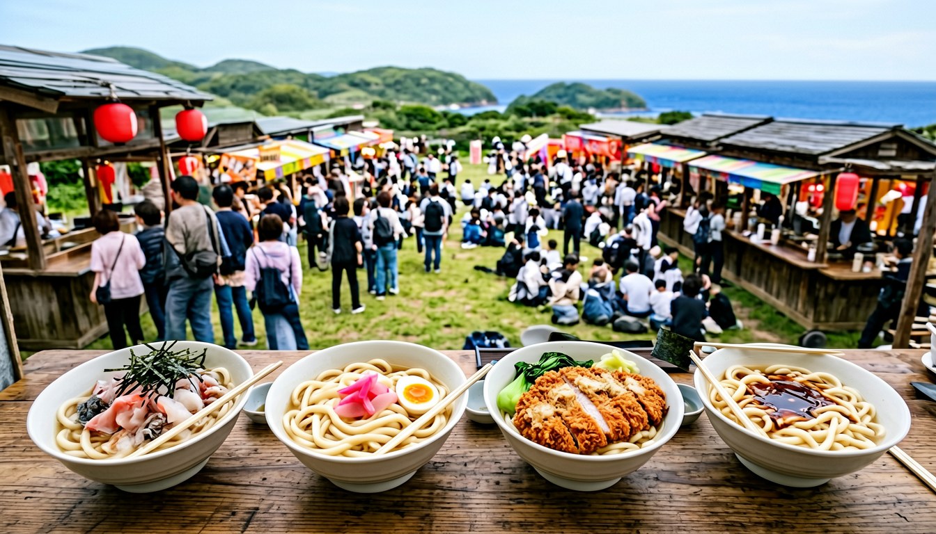 多碗各地特色烏龍麵擺喺桌上，配碗底、竹筷同木桌嘅寫實攝影