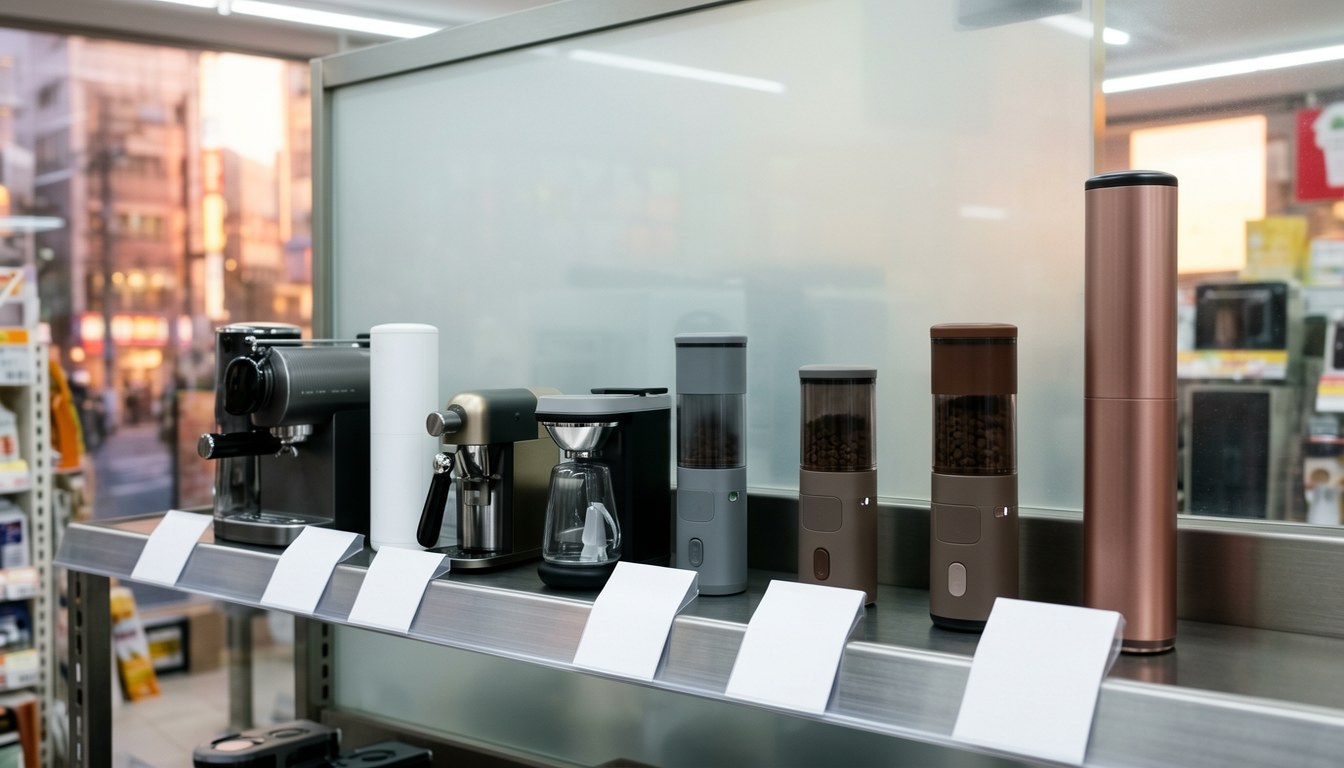 NICOH便携咖啡器具展示，包括espresso機同磨豆機