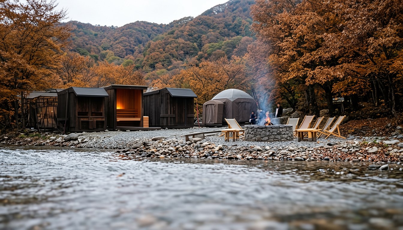 户外 sauna 度假村，4種不同設計嘅 sauna 小屋喺清流河畔，秋意景色