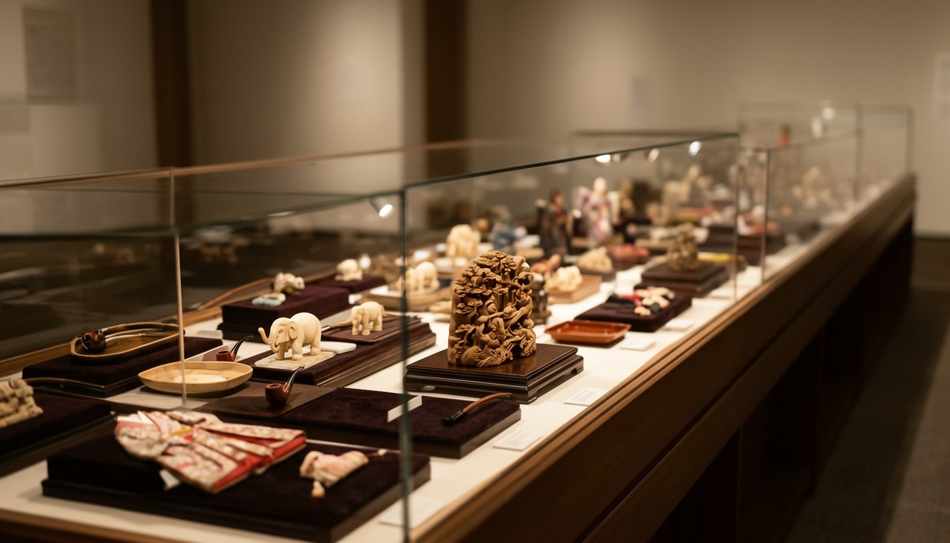 煙草鹽業博物館特別展示室內展出的迷你骨董收藏，包括小茶道具、印籠及人形等微縮文物，排列於木製展示架上。