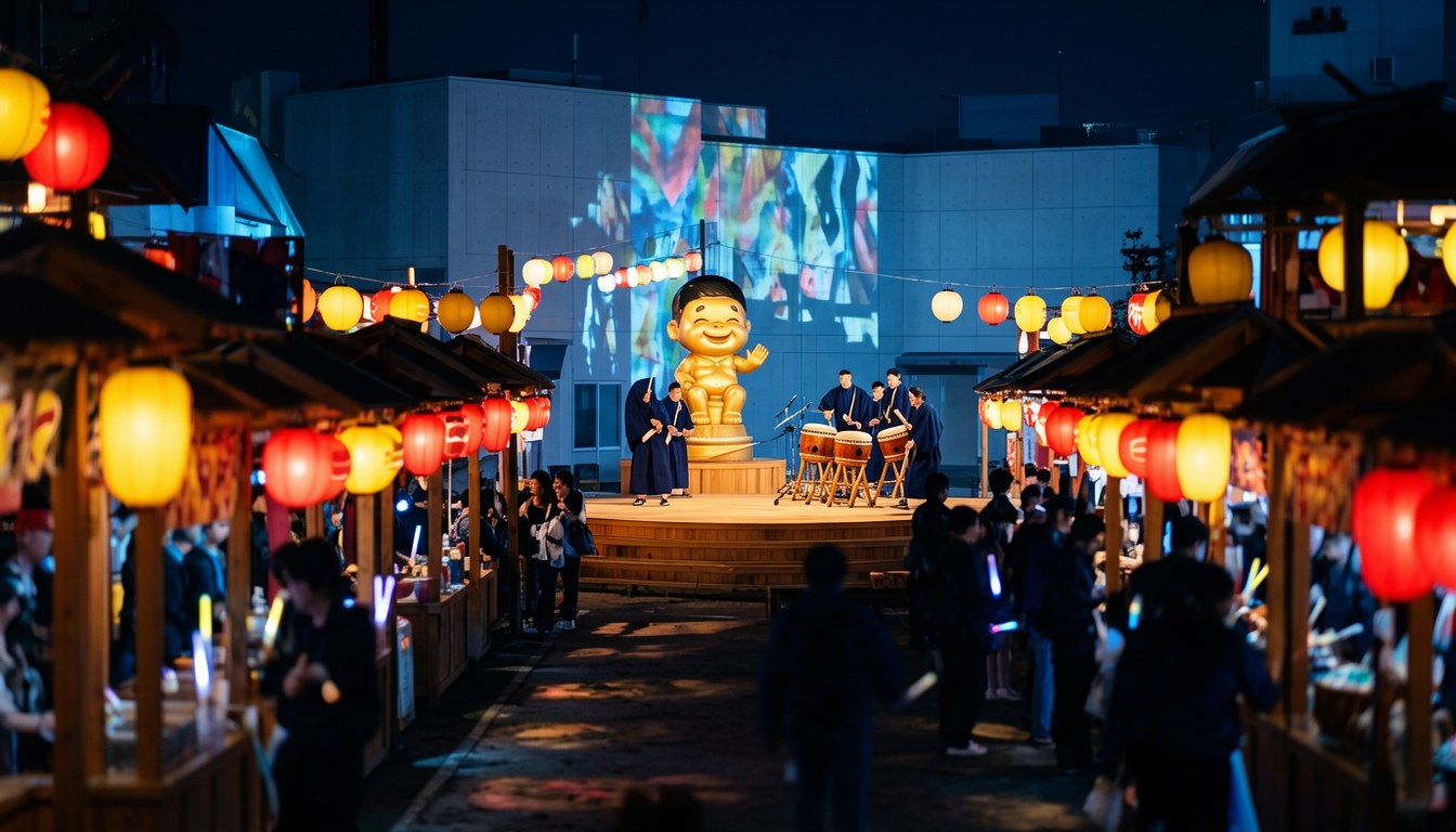 OMO7 大阪園林區夜間體驗活動場景，提燈、屋台同外牆投影