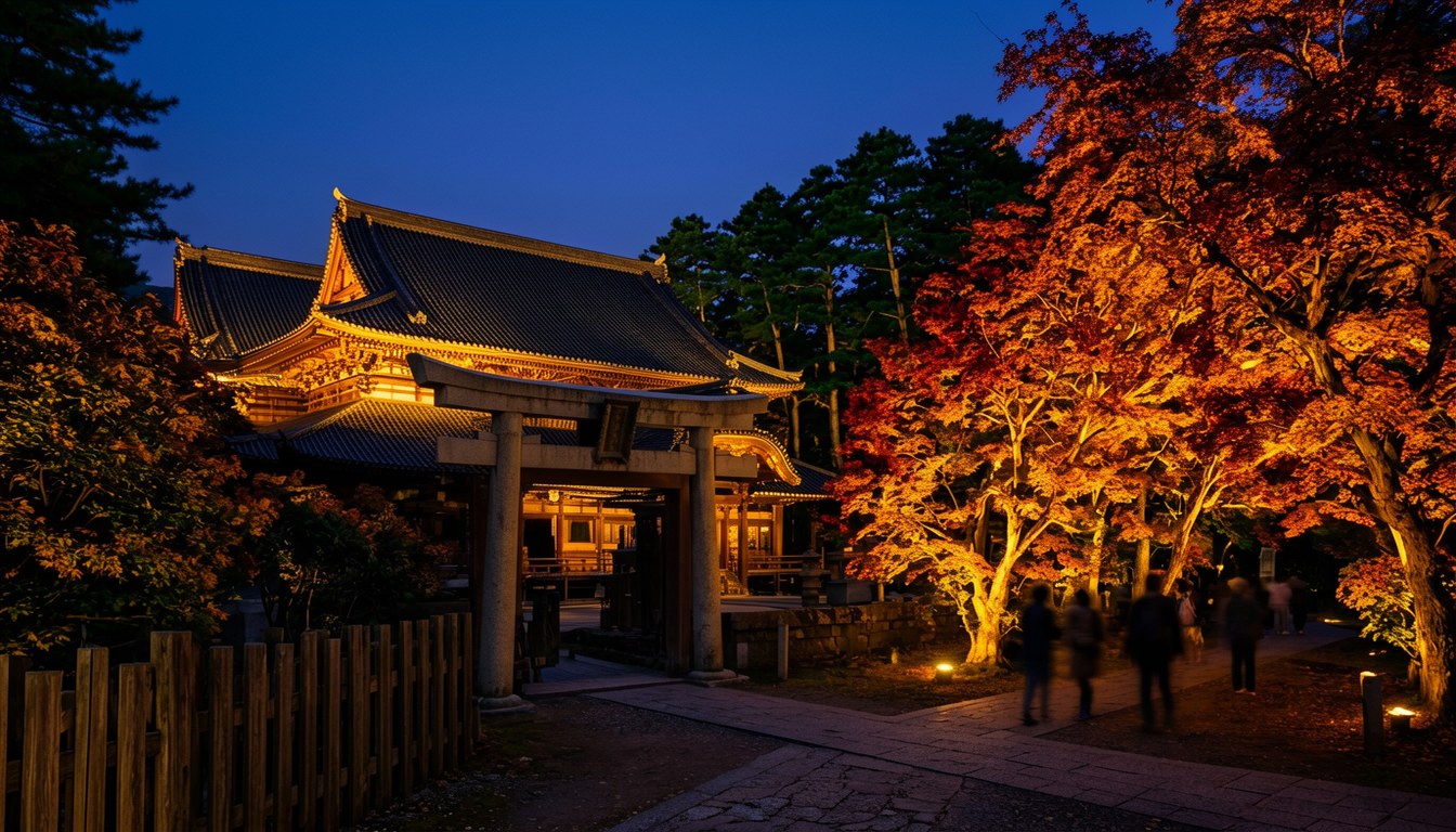 紅葉點燈嘅白峯寺境內，夜晚古建與秋葉被暖色燈光映亮