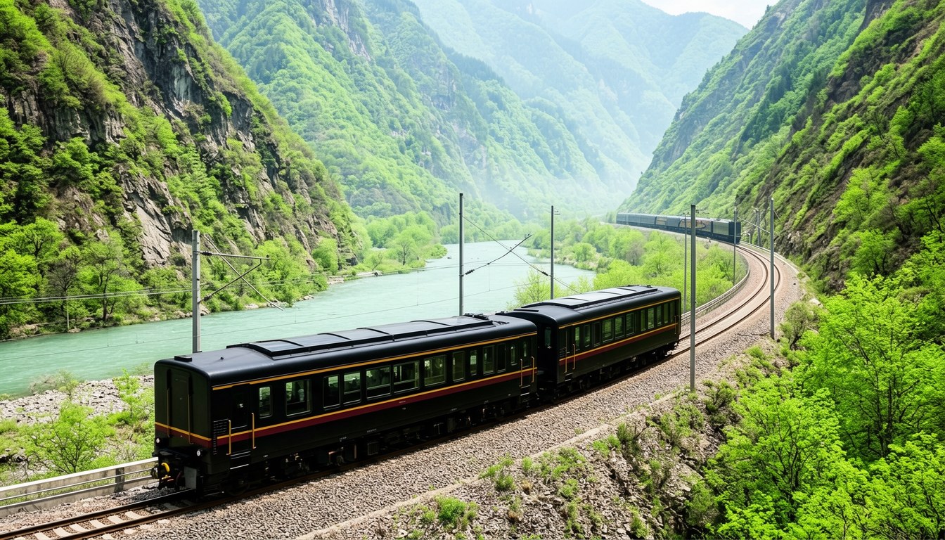 京都嵐山保津川峡谷風景,小型觀光列車沿河岸行駛