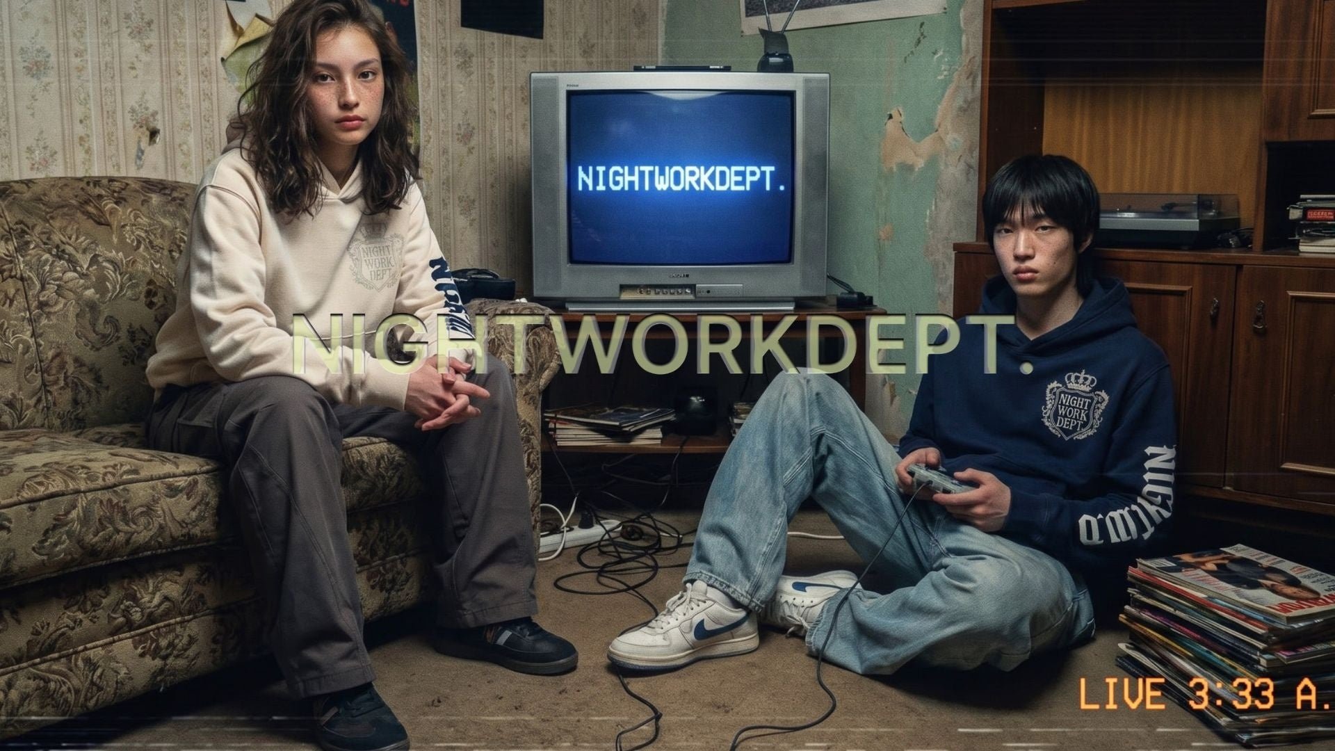 NIGHT WORKDEPT 喺 60% 入店宣傳圖,展示品牌產品同 K-POP 偶像著用照