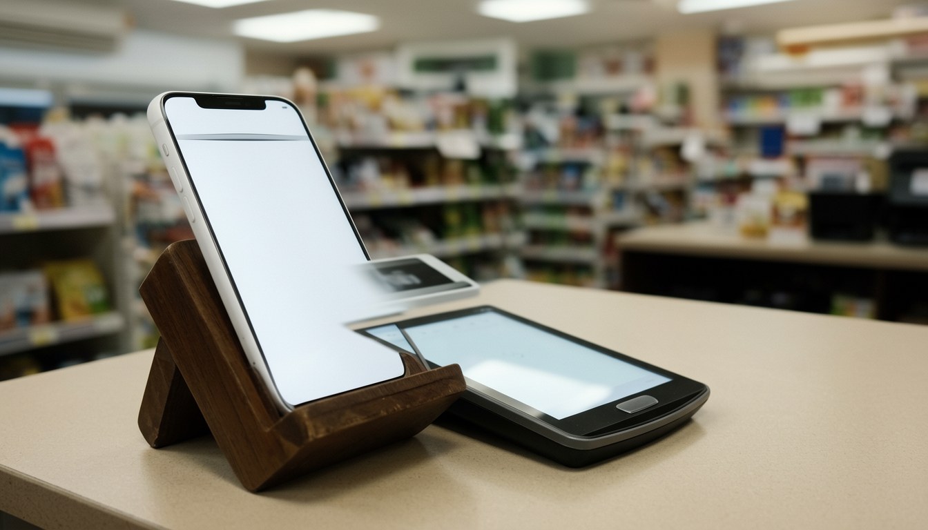 一雙手執住手機喺便利店櫃檯拍卡用Apple Pay付款，旁邊有JAL Pay卡