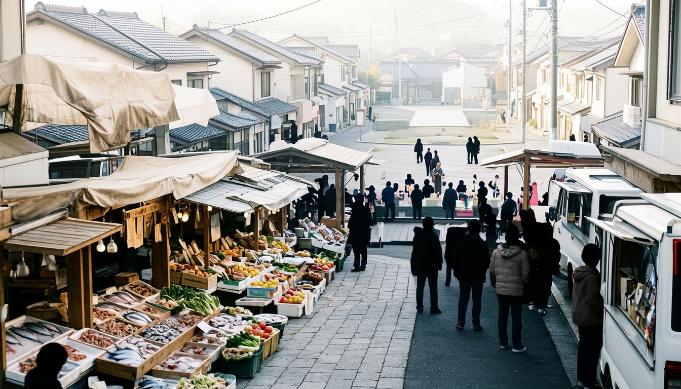 輪島本町商店街嘅朝市市集,攤檔同流動餐車排列喺街道,有街坊同小朋友喺場