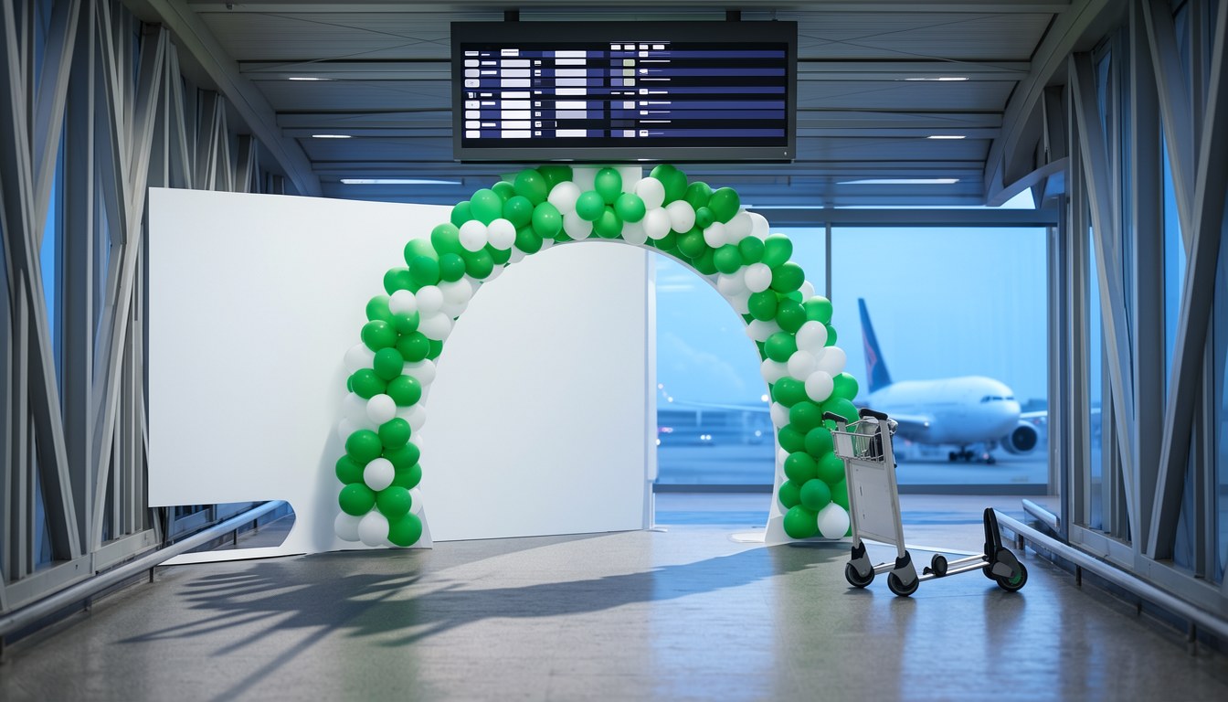 日本航空客機從跑道起飛，遠處可見迪士尼城堡輪廓，清晨天光