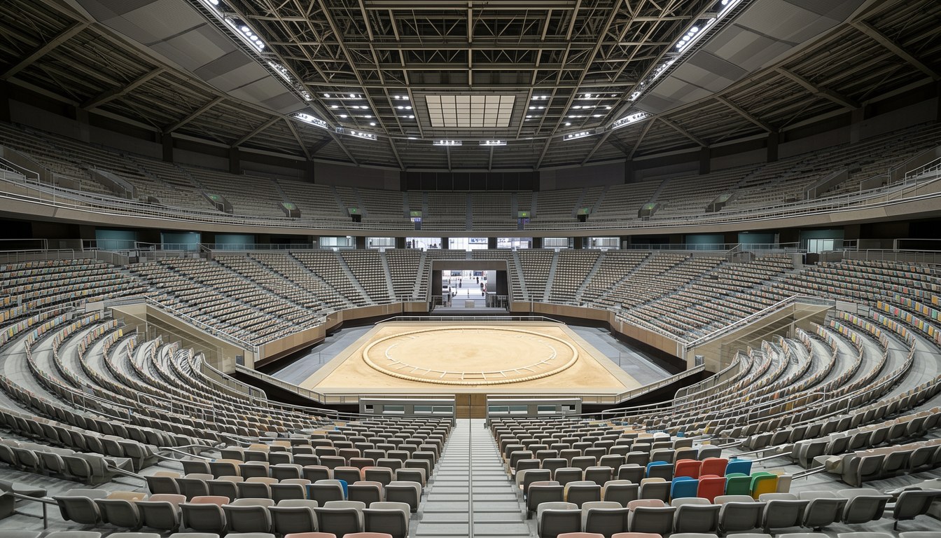 長崎國際體育場城市 HAPPINESS ARENA 內景:二樓觀眾席俯瞰中央相撲土俵