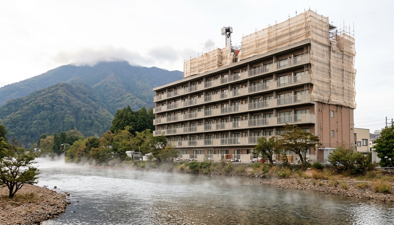 信州昼神温泉郷に位置する7階建てのリゾート施設、阿智川に面し、周囲を山々に囲まれた姿