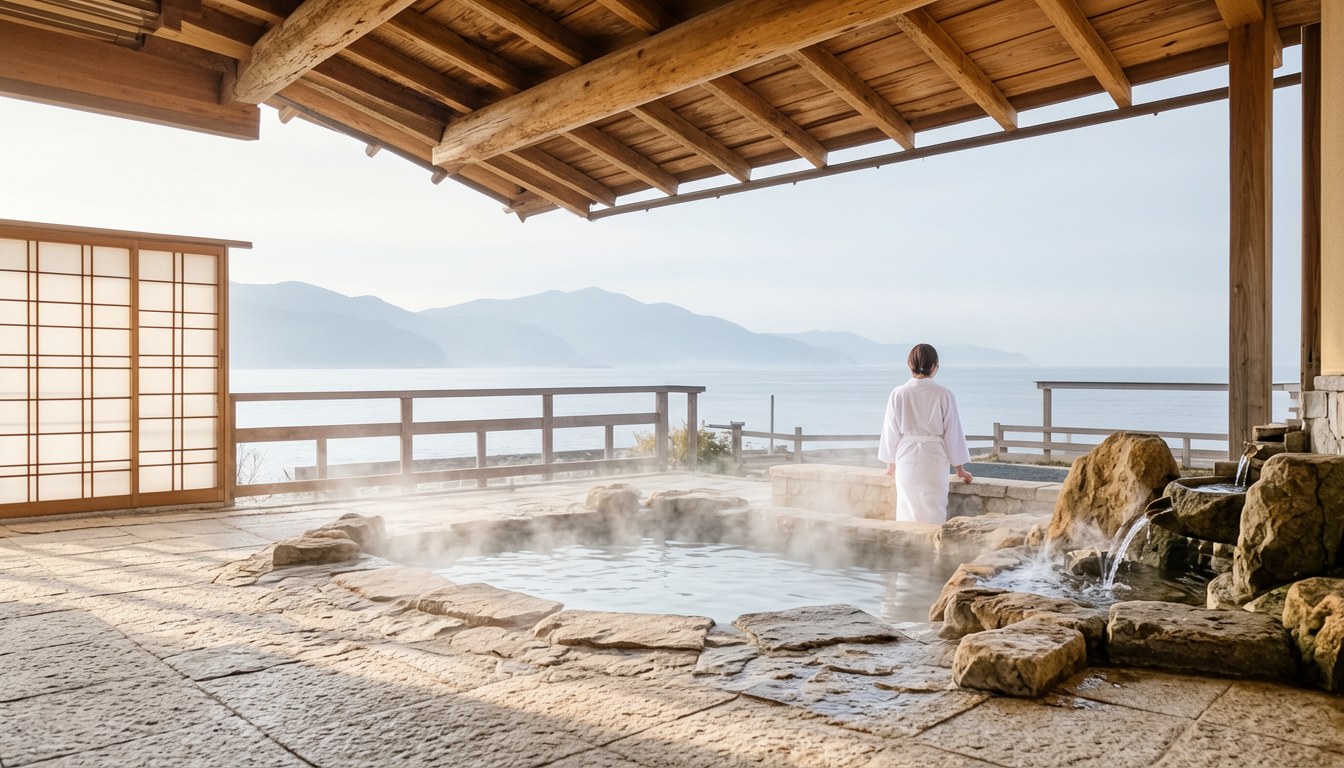 海邊温泉旅館大浴場,湯船外開向日本海,遠望夕照海景