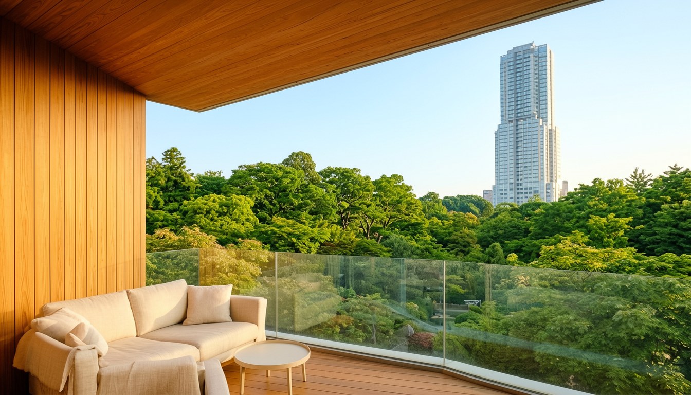 東京新宿御苑國家公園嘅綠色園林景觀,由酒店露台角度望去