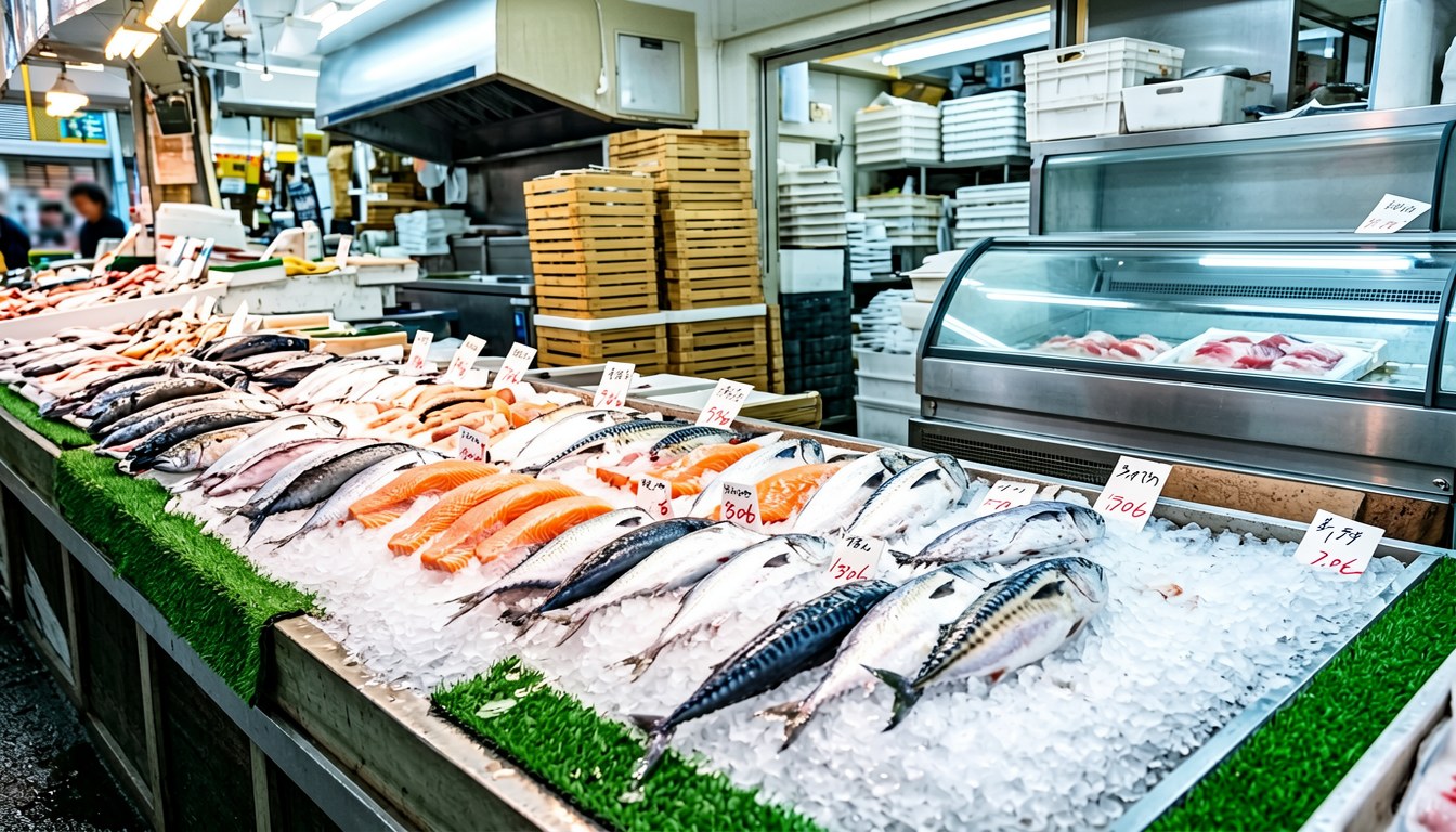 角上魚類（Kakujoe）鮮魚專賣店櫃檯，陳列著新鮮魚類、壽司同刺身，10月14日慶祝阪神虎奪冠全品九折。