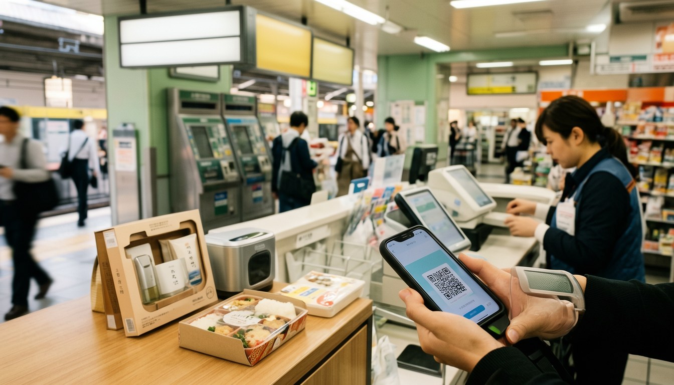 手機掃QR碼付款嘅場景示意