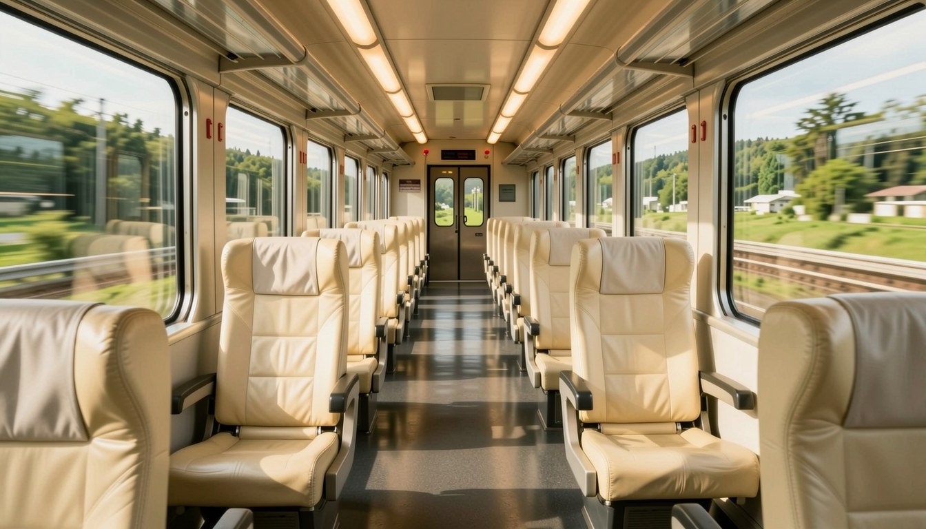 JR九州觀光列車車廂內空座,窗外景色疾駛(示意圖)