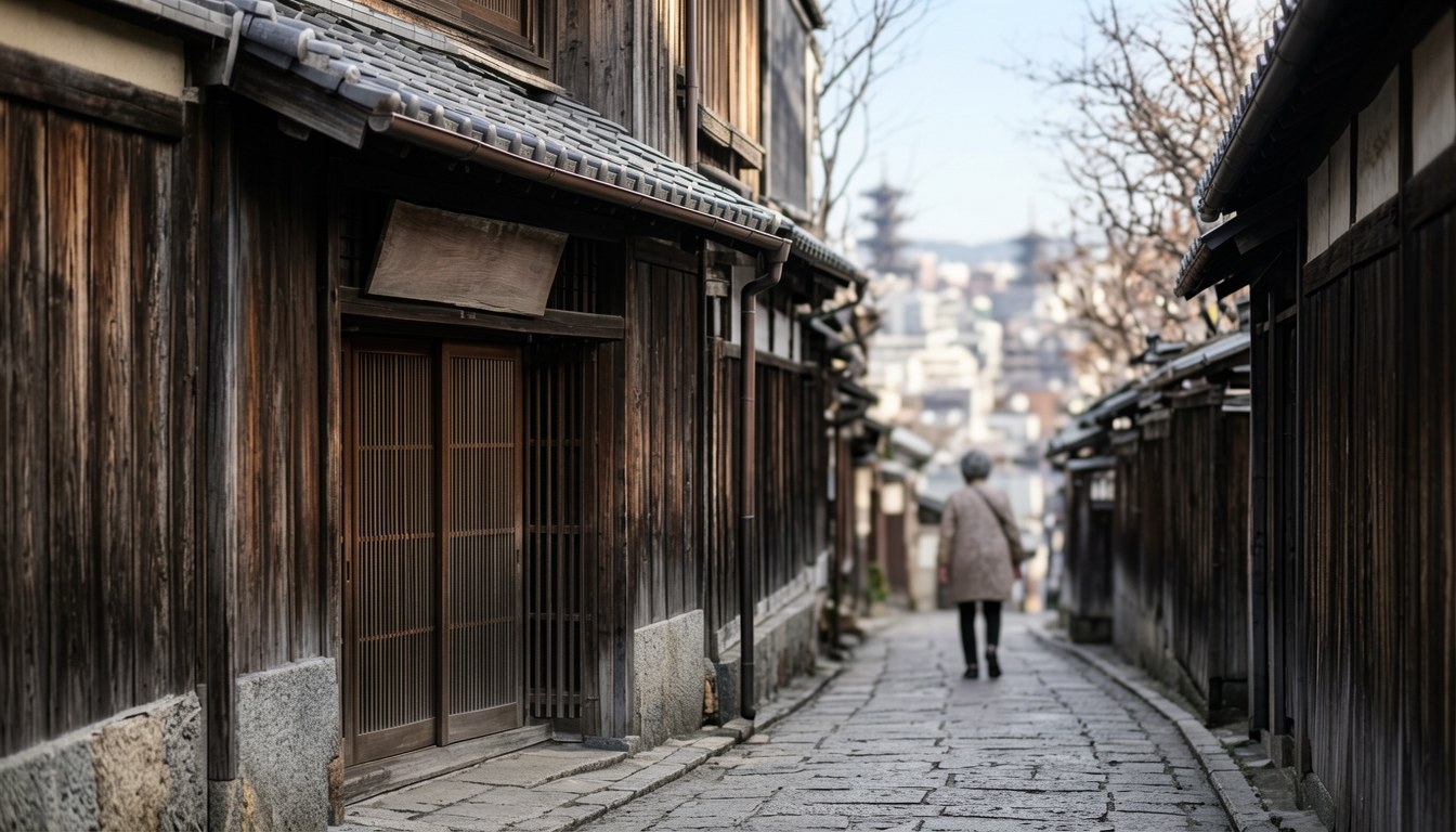 京都傳統町家木造住宅外觀，有木格窗同土牆，庭院綠蔭