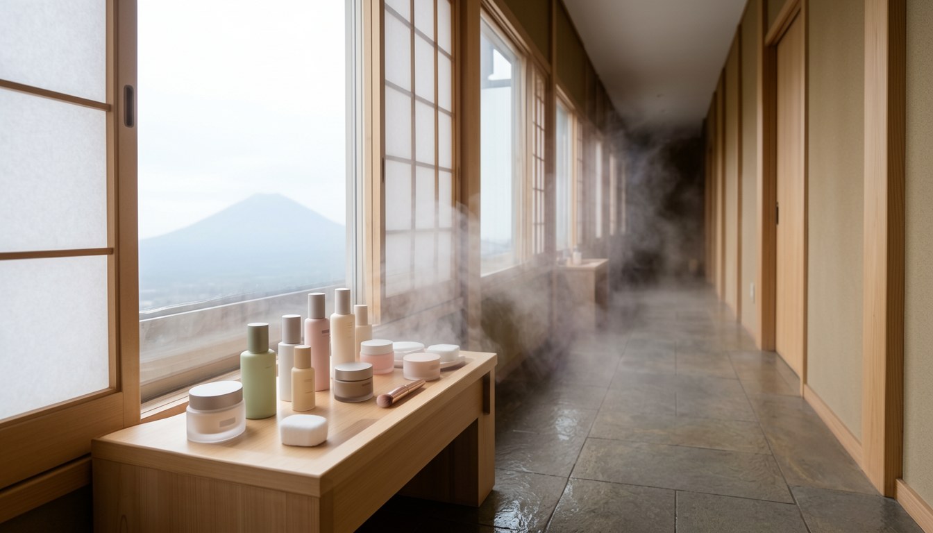 箱根小涌谷溫泉酒店嘅室內溫泉與木造浴池,遠處山景