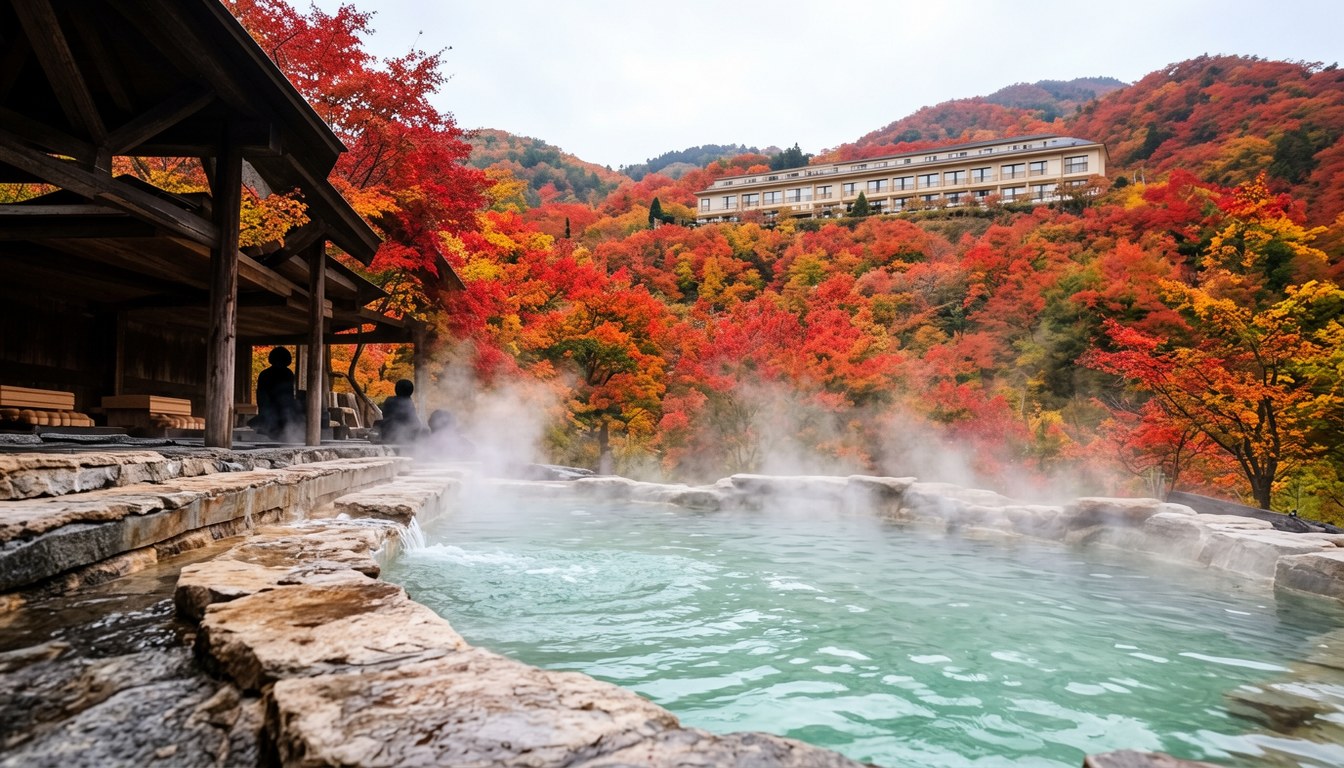 那須高山溫泉宿，周圍紅葉及山景，源泉掛流露天溫泉池
